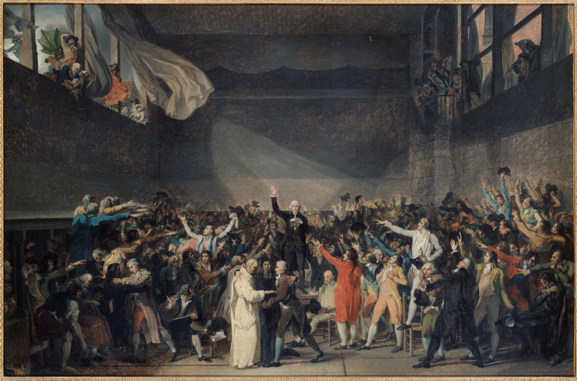 Jacques-Louis David’s unfinished painting of the Tennis Court Oath, with delegates raising their arms and religious figures embracing in the foreground.