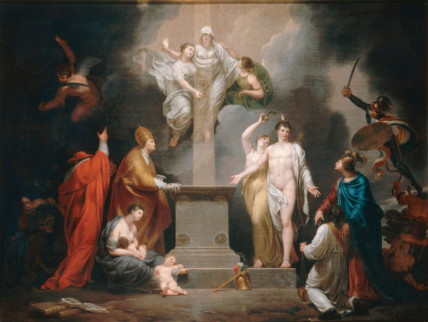 Allegorical painting of Napoleon and Pius VII meeting beside an altar to mark the Concordat of 1801.