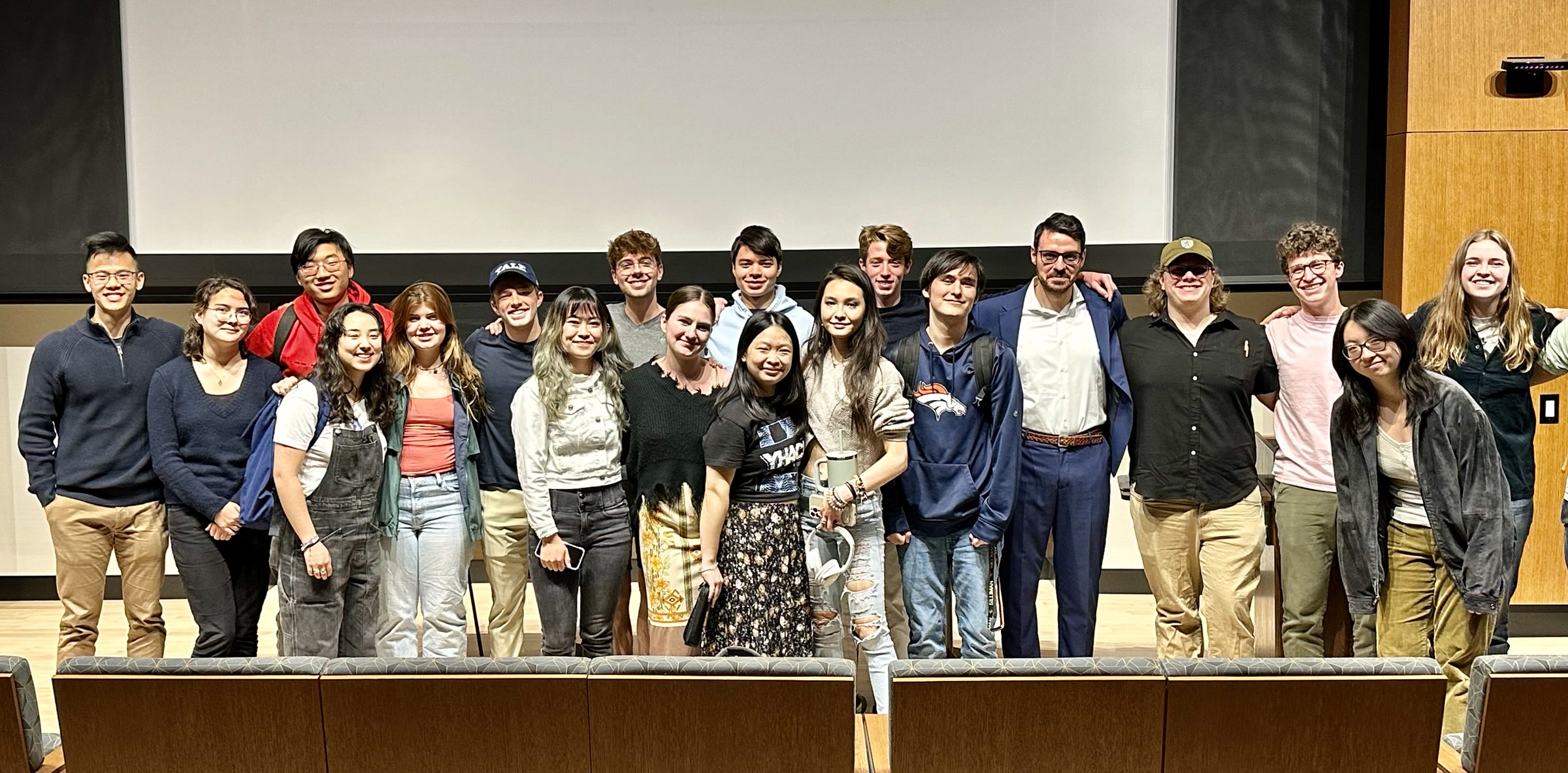 Glauco Schettini with Directed Studies students in a Yale lecture hall after a lecture on Kierkegaard.